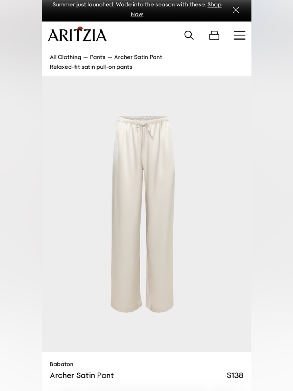 Aritzia Archer Satin Wide-Leg Pants in Soft Cream